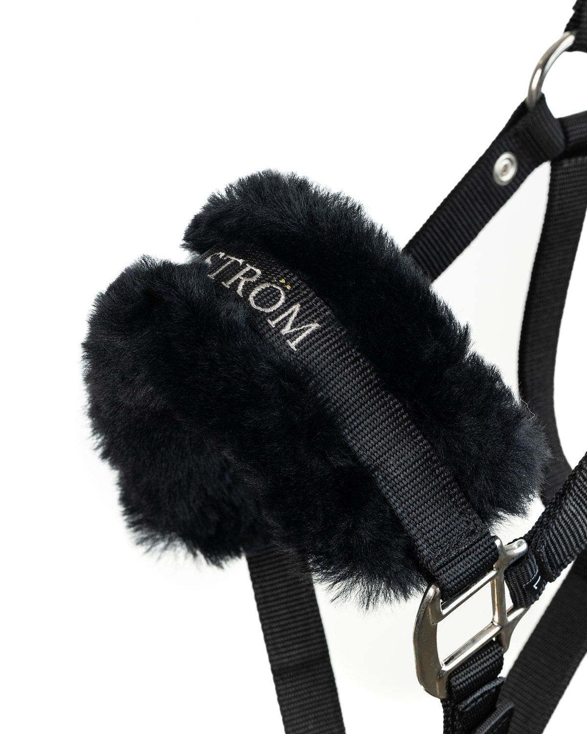 Noir sheepskin headcollar trim shown fitted to the noseband